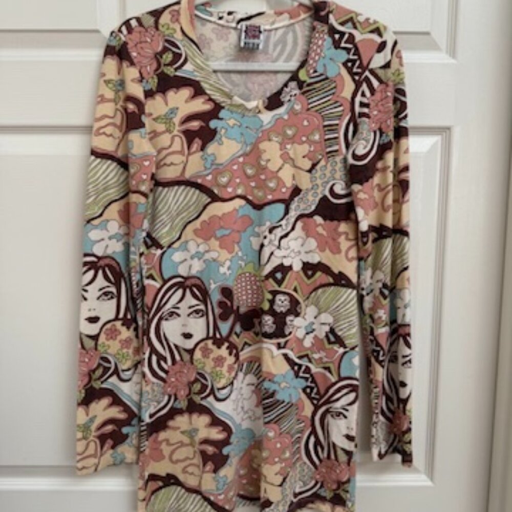 Vintage Boho Printed Mini Dress Long Sleeve Size M